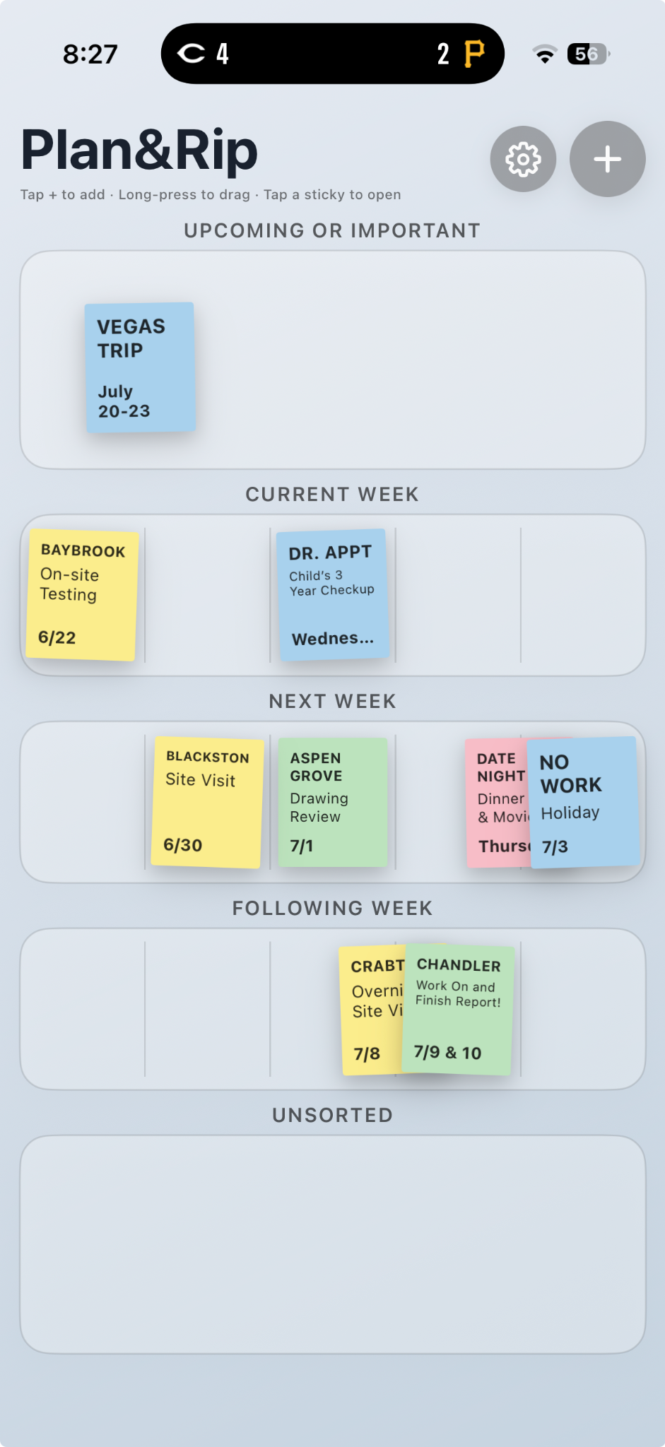 Plan&Rip planning wall showing colorful sticky notes across upcoming and weekly sections